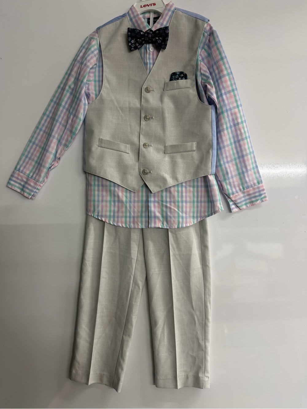 Nautica Boys Light Gray Vest and Pants with Pastel Plaid Shirt